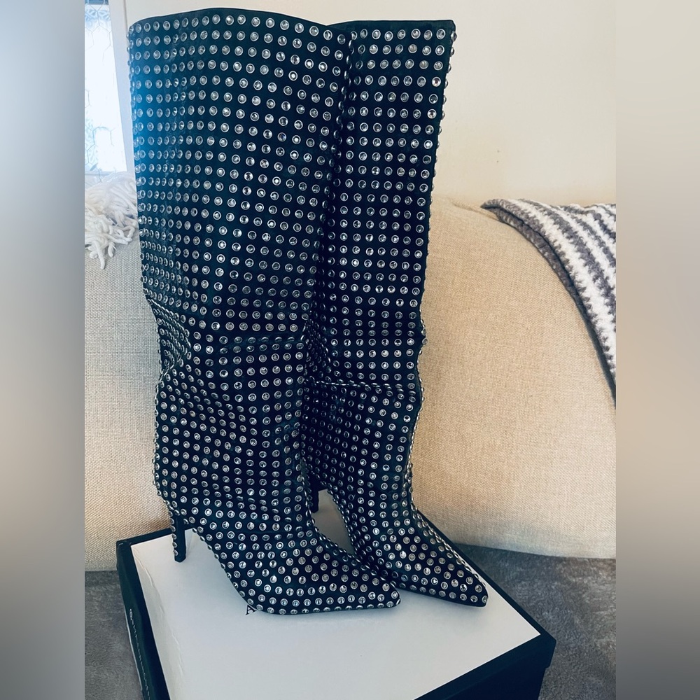 Studded Black Knee-High Stiletto Boots -